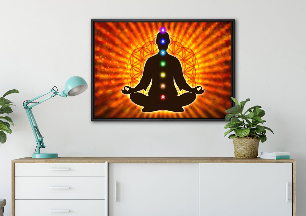 Meditation mit den 7 Chakren auf Leinwandbild gerahmt verschiedene Größen im Wohnzimmer