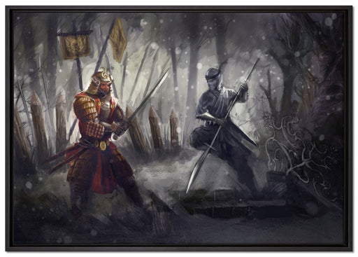 Kampf zwischen Samurai und Ninja auf Leinwandbild gerahmt Größe 100x70