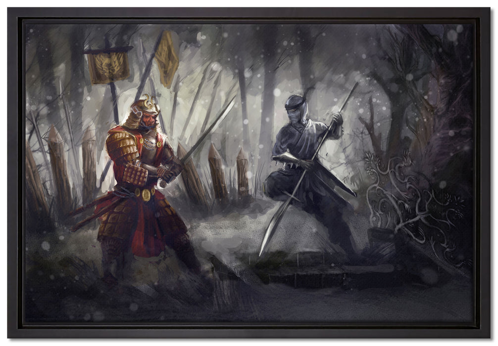 Kampf zwischen Samurai und Ninja auf Leinwandbild gerahmt Größe 60x40