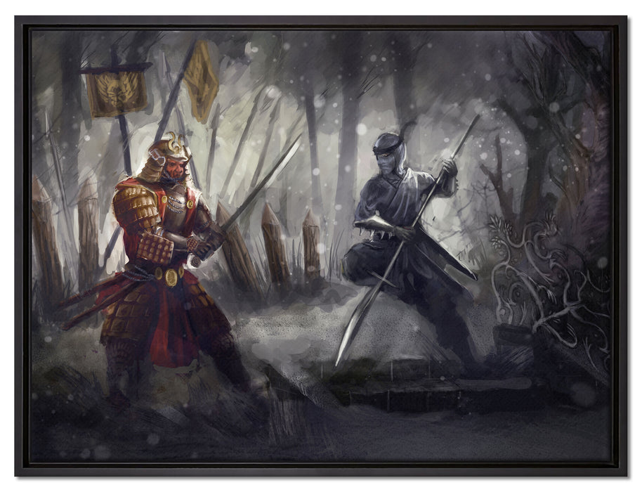 Kampf zwischen Samurai und Ninja auf Leinwandbild gerahmt Größe 80x60