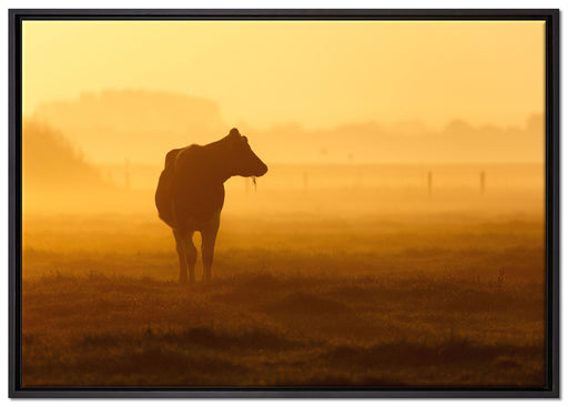 eine fressende Kuh auf der Weide auf Leinwandbild gerahmt Größe 100x70