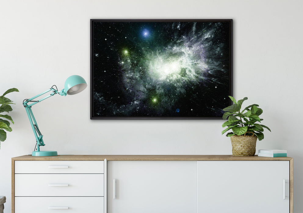 ferne Galaxie im Sternenstaub auf Leinwandbild gerahmt verschiedene Größen im Wohnzimmer