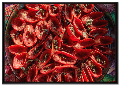 Tomaten Olivenöl Kräuter auf Leinwandbild gerahmt Größe 100x70