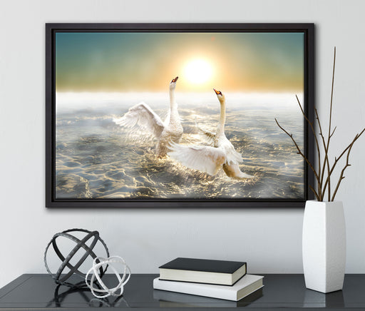Schwäne im Meer auf Leinwandbild gerahmt mit Kirschblüten