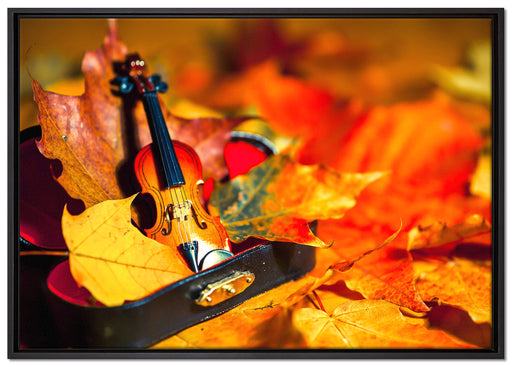 Violine umgeben von Blättern auf Leinwandbild gerahmt Größe 100x70