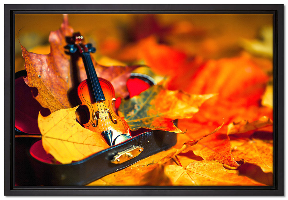 Violine umgeben von Blättern auf Leinwandbild gerahmt Größe 60x40