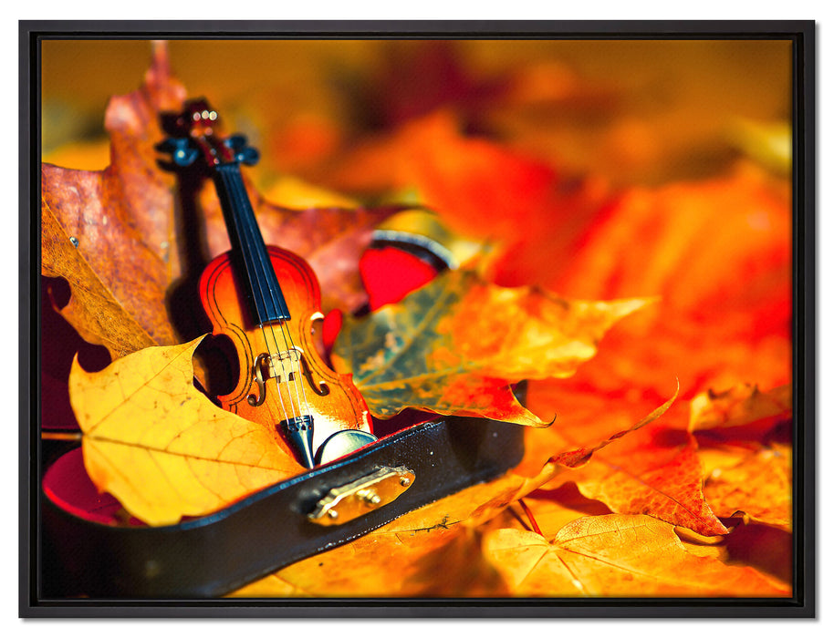 Violine umgeben von Blättern auf Leinwandbild gerahmt Größe 80x60