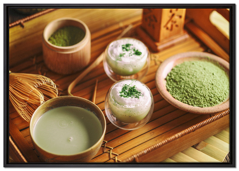 schön dekorierter Matcha Tee auf Leinwandbild gerahmt Größe 100x70