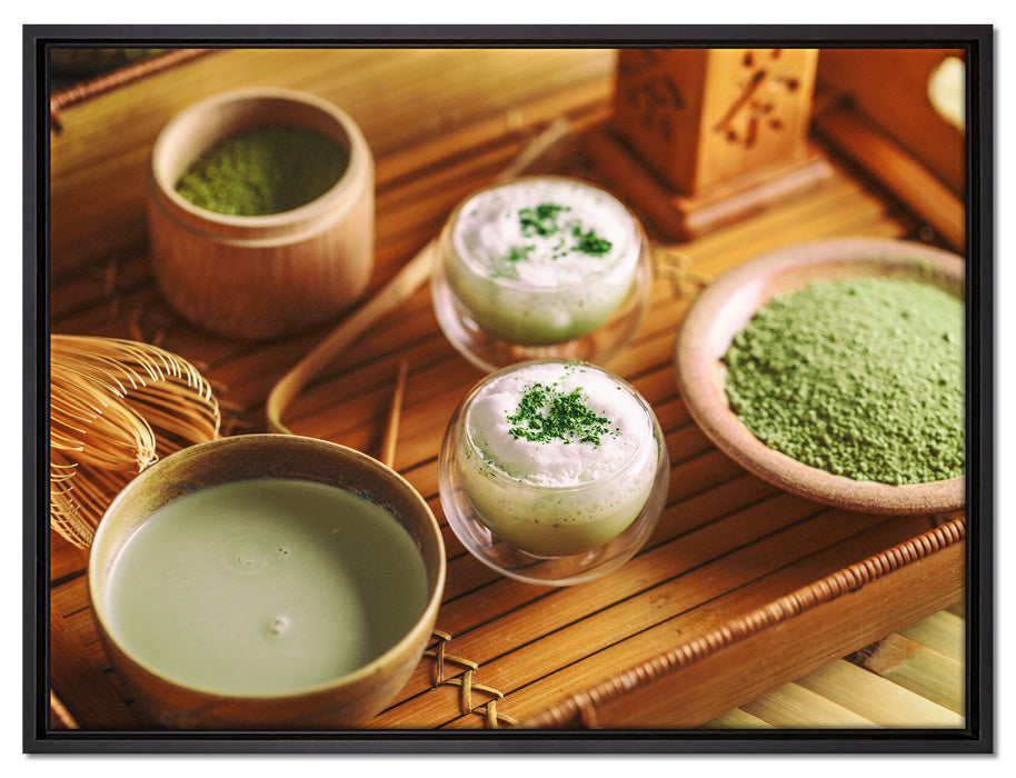 schön dekorierter Matcha Tee auf Leinwandbild gerahmt Größe 80x60