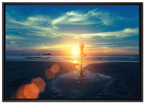 Yoga Silhouette am Strand auf Leinwandbild gerahmt Größe 100x70