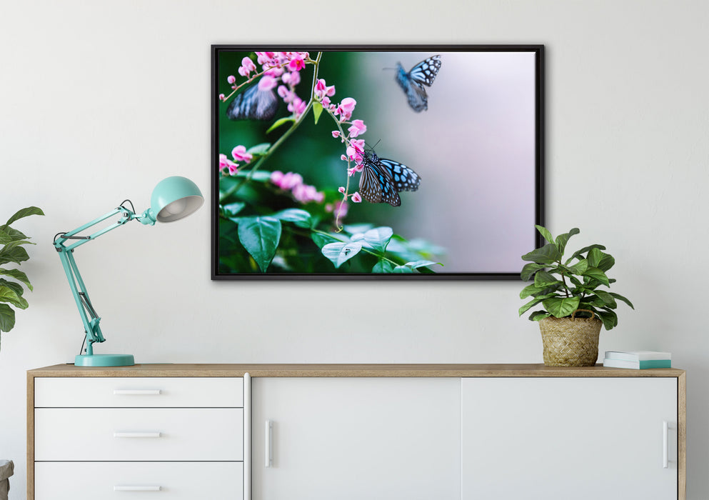 Schmetterlinge auf rosa Blumen auf Leinwandbild gerahmt verschiedene Größen im Wohnzimmer