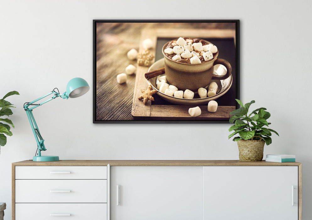 Kakaogetränk mit Marshmallows auf Leinwandbild gerahmt verschiedene Größen im Wohnzimmer