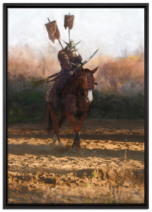 Samurai Krieger auf einem Pferd auf Leinwandbild gerahmt Größe 100x70