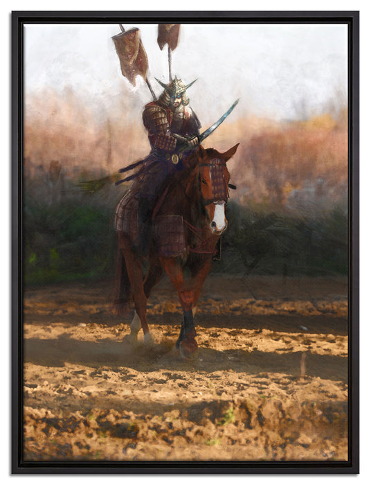 Samurai Krieger auf einem Pferd auf Leinwandbild gerahmt Größe 80x60