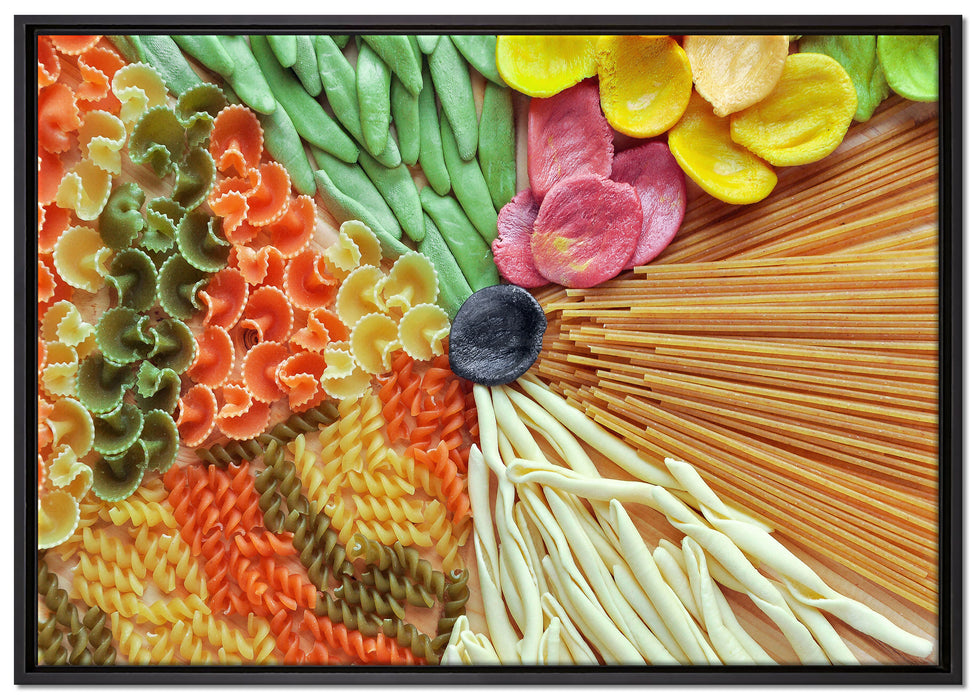 Zusammenstellung von bunten Nudeln auf Leinwandbild gerahmt Größe 100x70