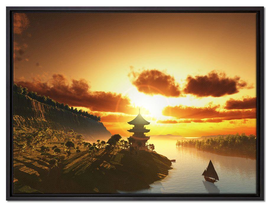 Chinesisches Haus am See auf Leinwandbild gerahmt Größe 80x60