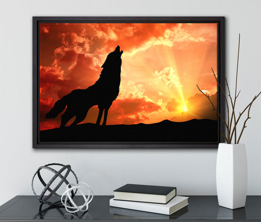Wolf Heulen auf Leinwandbild gerahmt mit Kirschblüten