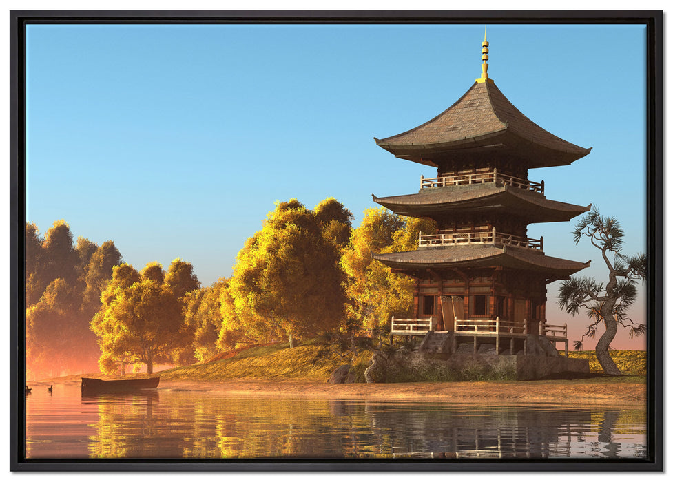 asiatischer Tempel an See auf Leinwandbild gerahmt Größe 100x70