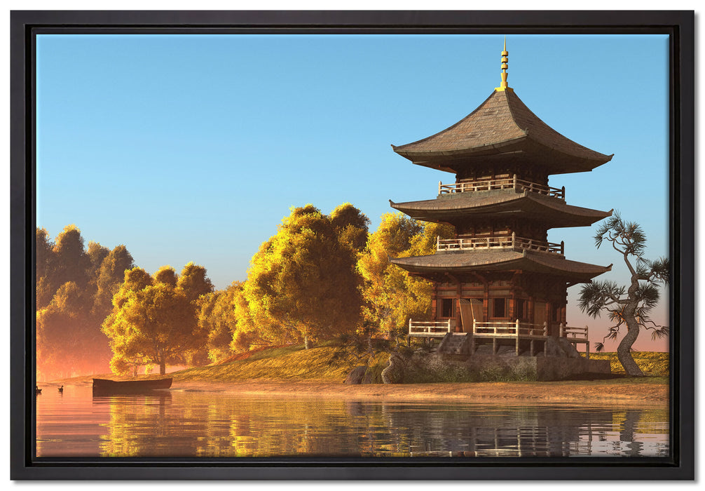 asiatischer Tempel an See auf Leinwandbild gerahmt Größe 60x40