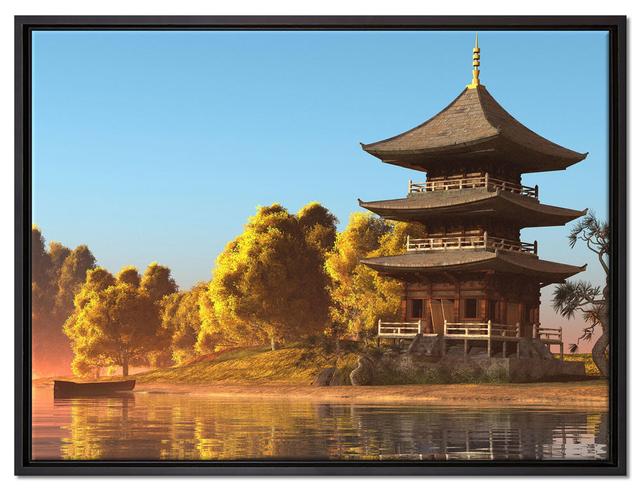 asiatischer Tempel an See auf Leinwandbild gerahmt Größe 80x60