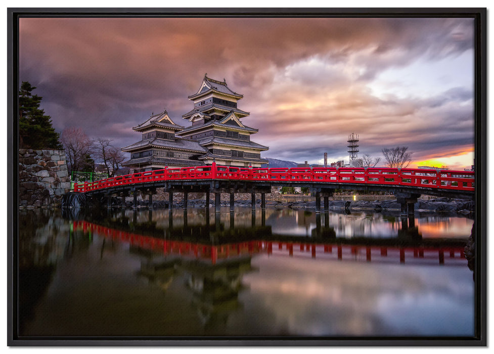 asiatischer Tempel an See auf Leinwandbild gerahmt Größe 100x70