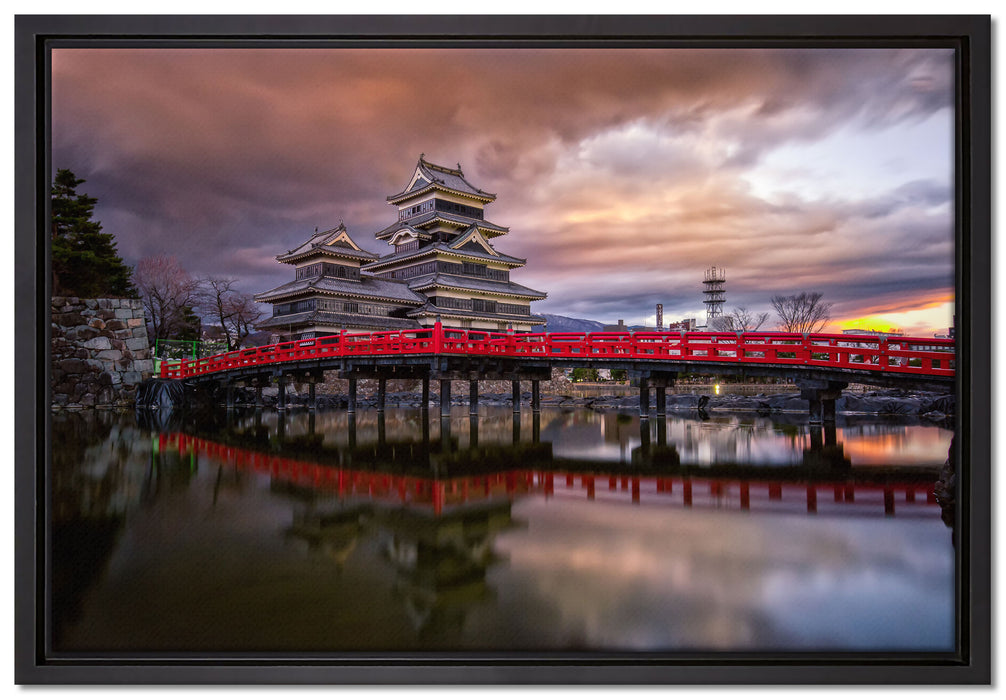 asiatischer Tempel an See auf Leinwandbild gerahmt Größe 60x40