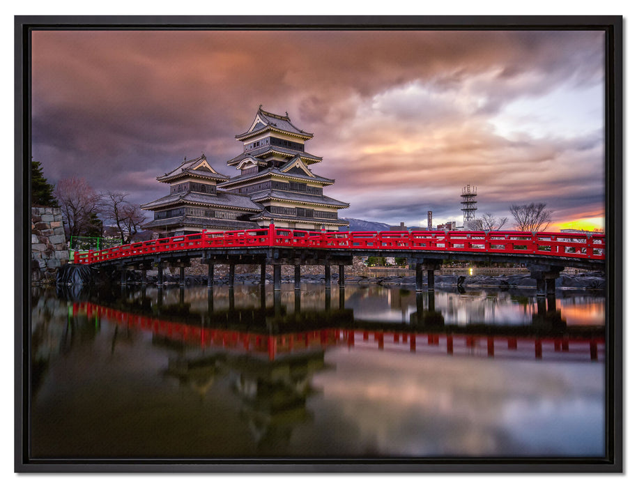 asiatischer Tempel an See auf Leinwandbild gerahmt Größe 80x60