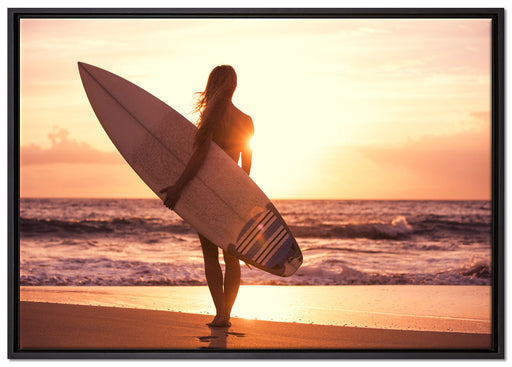 Surferin vor Sonnenuntergang auf Leinwandbild gerahmt Größe 100x70
