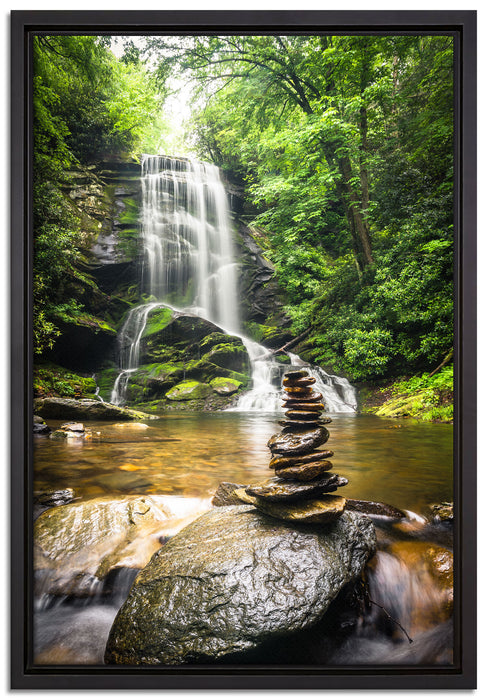 Zen Steine vor Wasserfall auf Leinwandbild gerahmt Größe 60x40