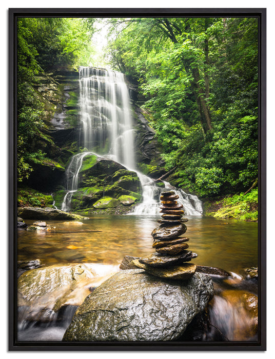 Zen Steine vor Wasserfall auf Leinwandbild gerahmt Größe 80x60