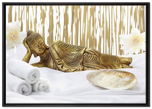 goldener Buddha auf Handtuch auf Leinwandbild gerahmt Größe 100x70