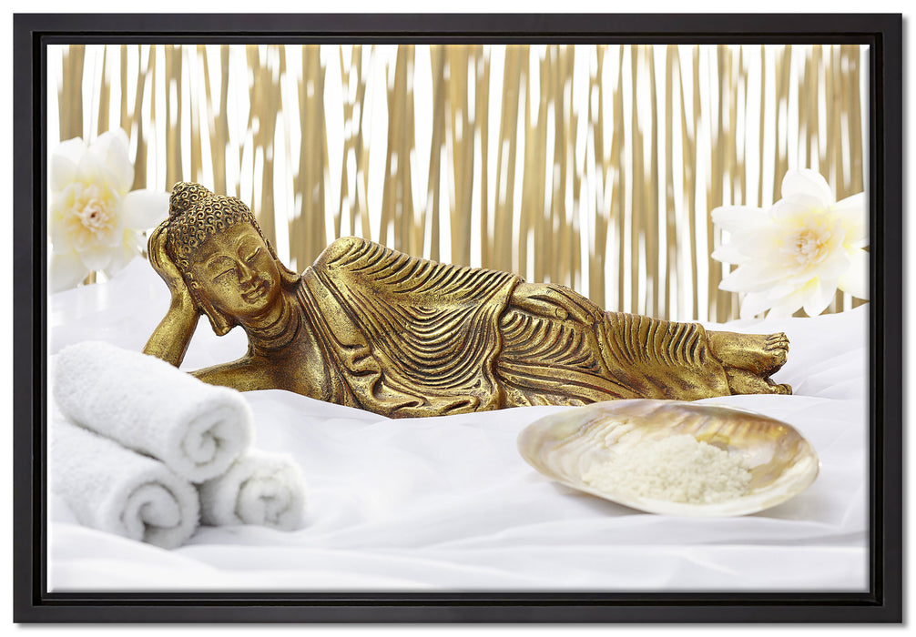 goldener Buddha auf Handtuch auf Leinwandbild gerahmt Größe 60x40