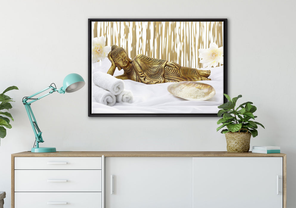 goldener Buddha auf Handtuch auf Leinwandbild gerahmt verschiedene Größen im Wohnzimmer