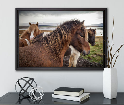 Herde aus schönen Wildpferden auf Leinwandbild gerahmt mit Kirschblüten
