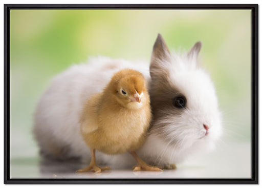 kleines Küken mit süßem Häschen auf Leinwandbild gerahmt Größe 100x70