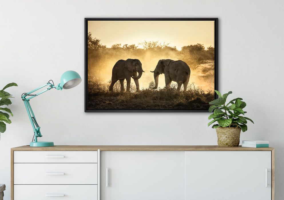 kämpfende Elefanten auf Leinwandbild gerahmt verschiedene Größen im Wohnzimmer