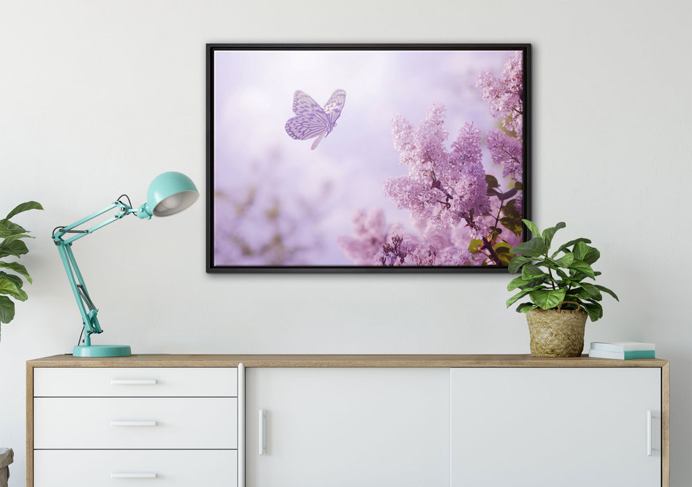 Schmetterling Kirschblüten auf Leinwandbild gerahmt verschiedene Größen im Wohnzimmer
