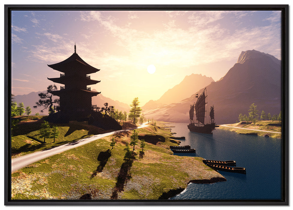 asiatischer Tempel an Fluss auf Leinwandbild gerahmt Größe 100x70