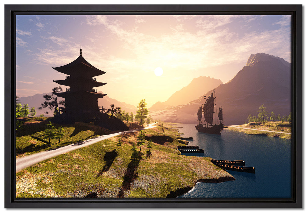 asiatischer Tempel an Fluss auf Leinwandbild gerahmt Größe 60x40
