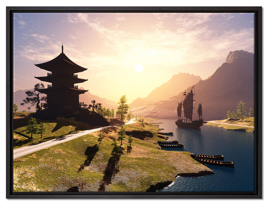 asiatischer Tempel an Fluss auf Leinwandbild gerahmt Größe 80x60