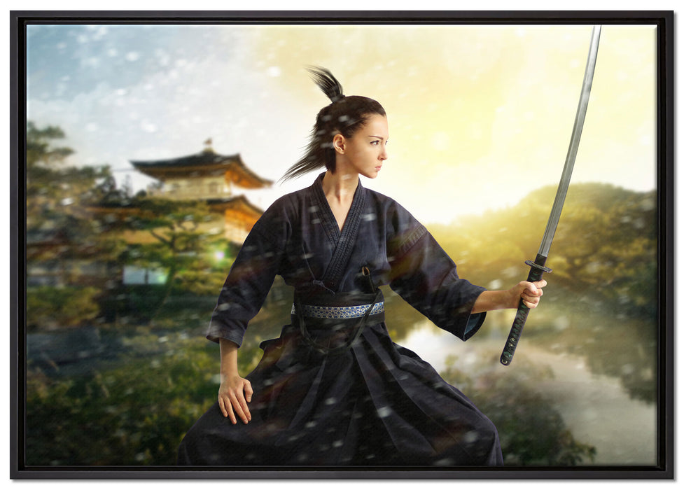 Samurai-Kriegerin Schnee auf Leinwandbild gerahmt Größe 100x70