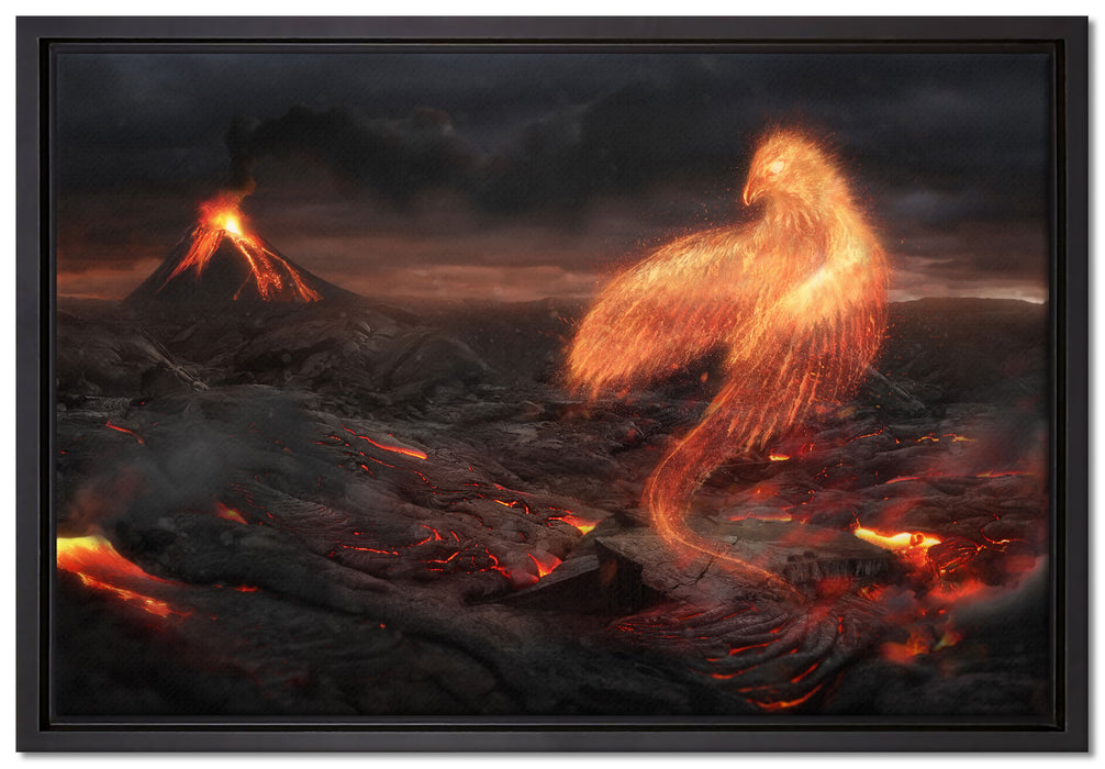 Brennender Phönix Vulkanlandschaft auf Leinwandbild gerahmt Größe 60x40