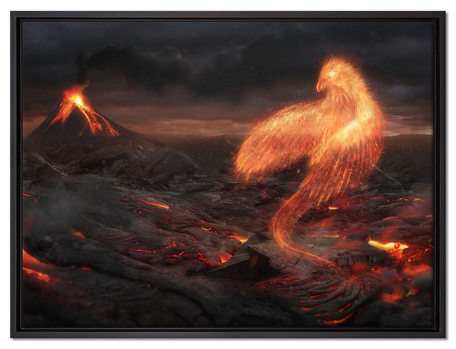 Brennender Phönix Vulkanlandschaft auf Leinwandbild gerahmt Größe 80x60