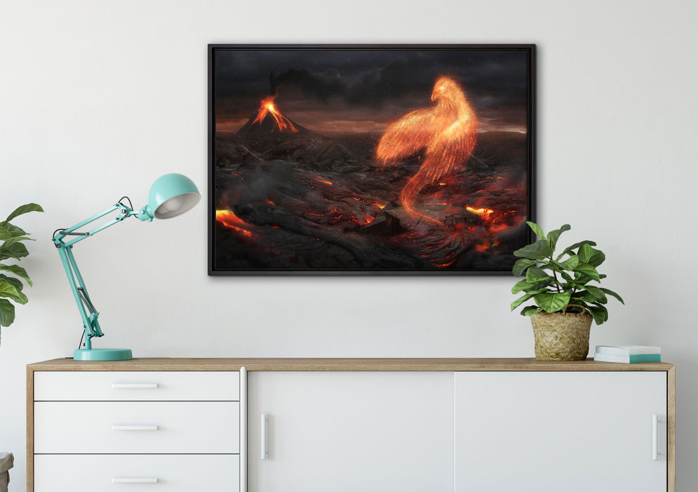 Brennender Phönix Vulkanlandschaft auf Leinwandbild gerahmt verschiedene Größen im Wohnzimmer