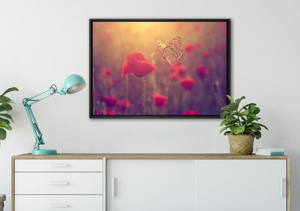 Mohn und Schmetterling auf Leinwandbild gerahmt verschiedene Größen im Wohnzimmer