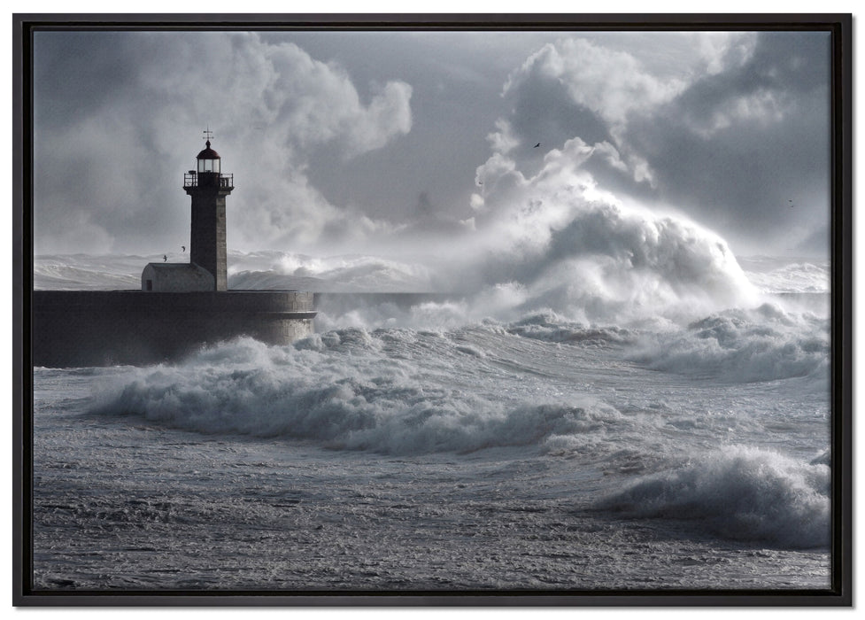 Sturmwellen Leuchtturm Portugal auf Leinwandbild gerahmt Größe 100x70