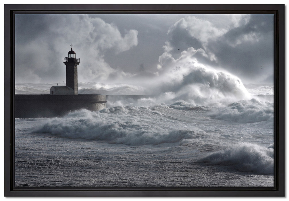 Sturmwellen Leuchtturm Portugal auf Leinwandbild gerahmt Größe 60x40