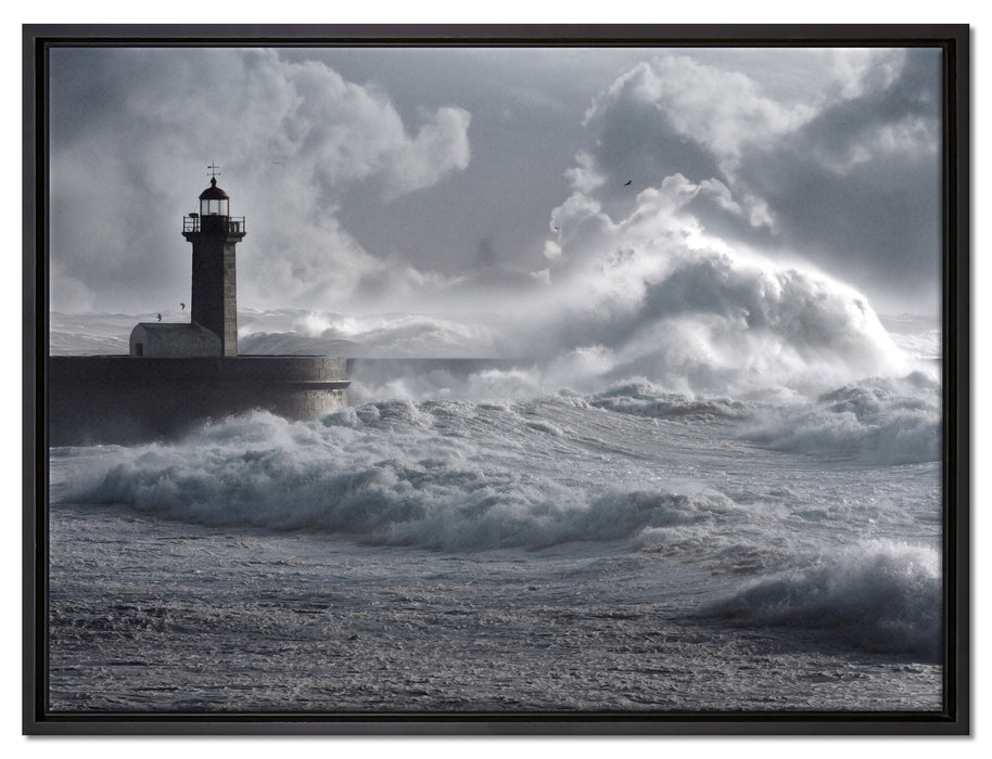 Sturmwellen Leuchtturm Portugal auf Leinwandbild gerahmt Größe 80x60