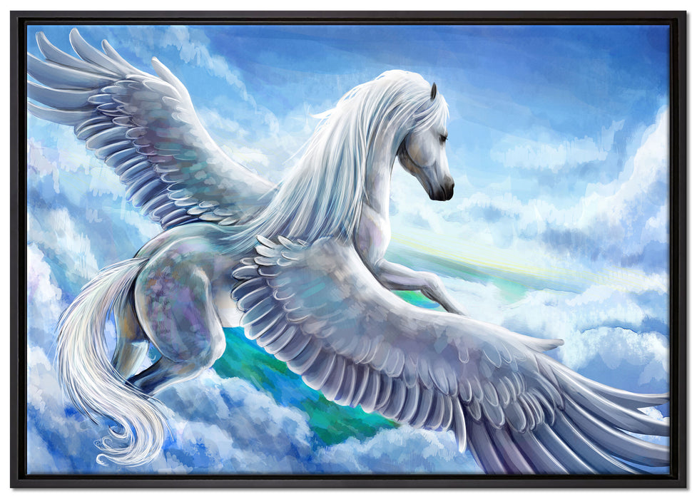 Pegasus fliegt über den Wolken auf Leinwandbild gerahmt Größe 100x70