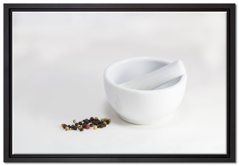 Porzellan Mörser mit Gewürzkörner auf Leinwandbild gerahmt Größe 60x40